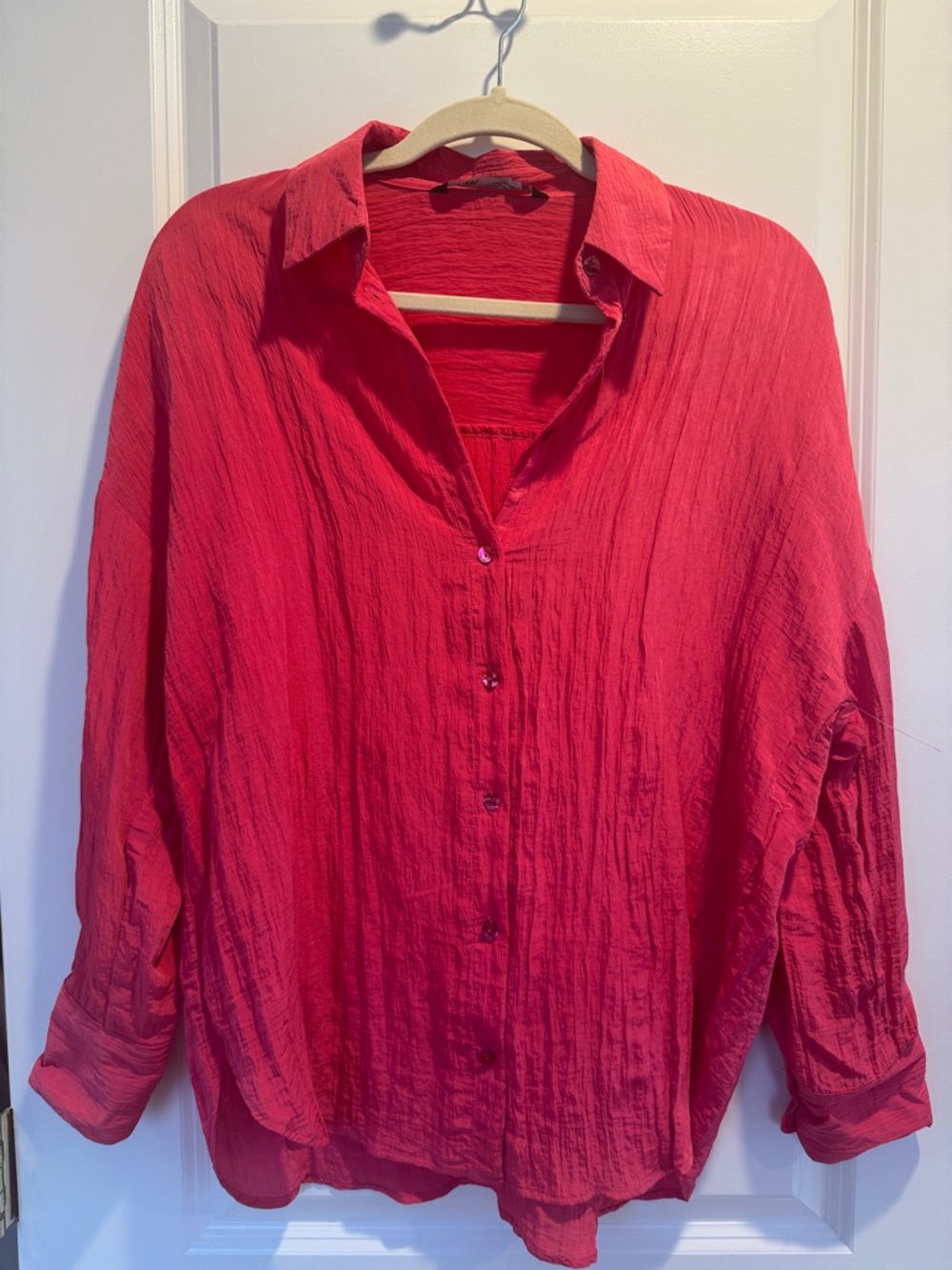 Zara Textured Button-Down Shirt in Pink